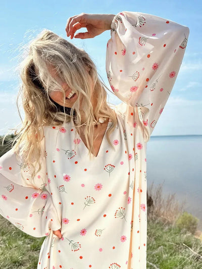 Wolfeel  Summer Women Printed Chiffon  V-neck Dress Sweet Casual Loose Beach Lace Up Long Skirts Fashionable Office Lady Dress