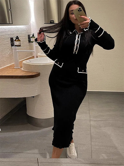 Elegant Ruffled Women Dress Long  Pit Stripe Knit Dresses For Winter Autumn Retro Lapel Pearl Button Fall Fashion Vestidos Robes