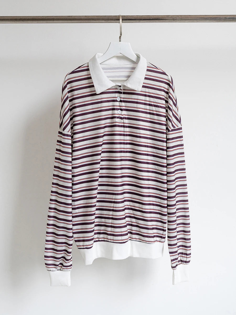 Striped Contrast Long Sleeve T-shirt Women Buttons Turndown Collar Loose T Shirt 2025 Spring New Streetwear Vintage Casual Tees