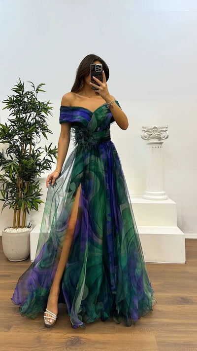 Elegant Formal Party Dress Elegant  Tie-dye Ball Gown with Mesh Bubble Sleeves Split Hem Women's Evening Dress
