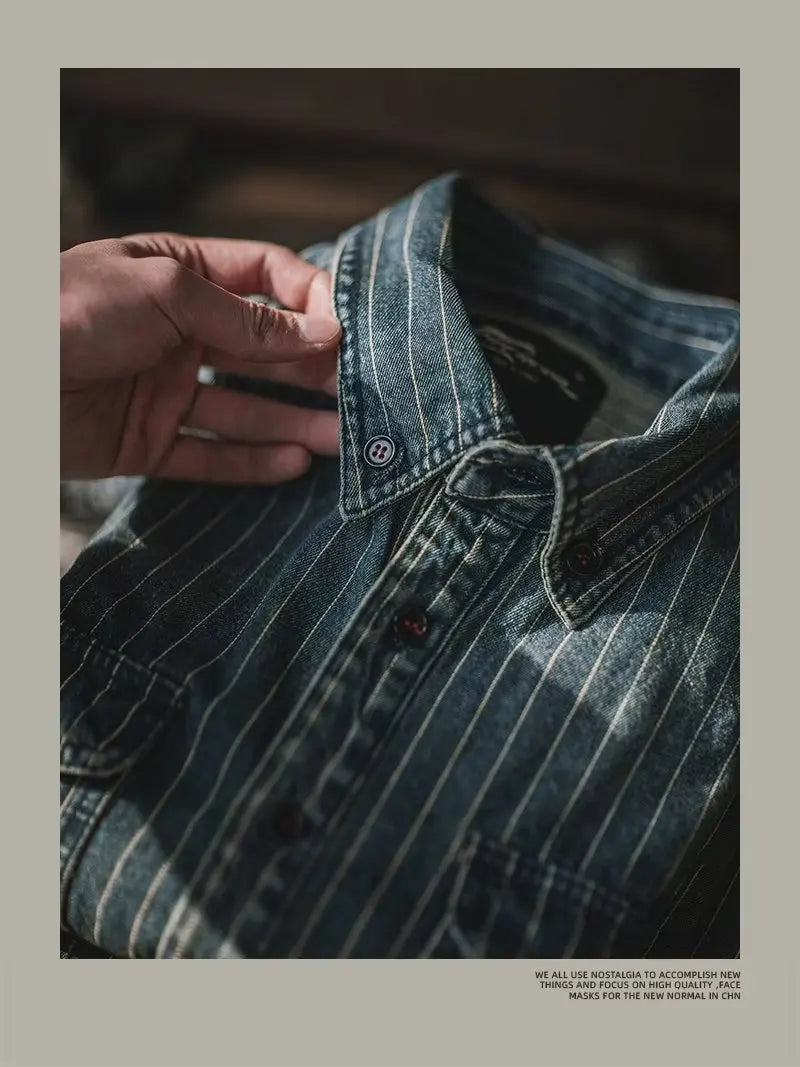 Men's Shirts Long Sleeves Recommend New Sand Washing for Old Retro Trendy Men Thicken Yarn-dyed Striped Shirts for Men