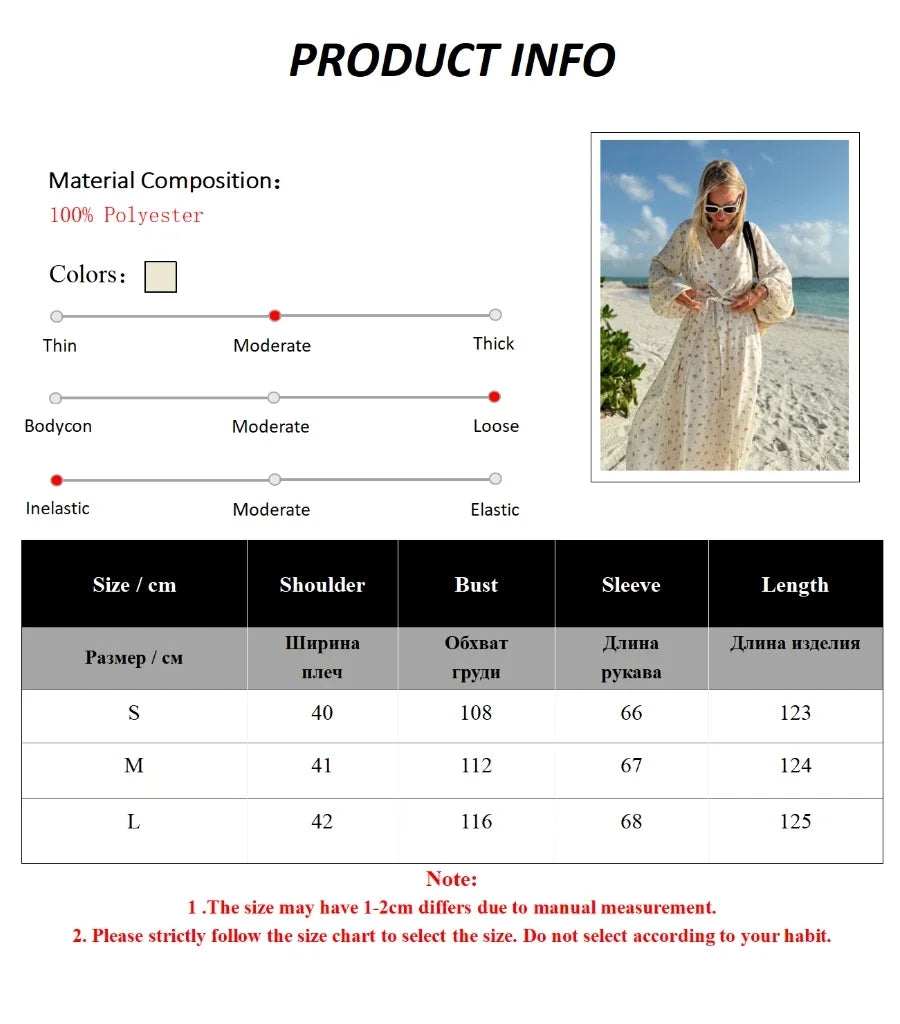 Wolfeel  Summer Women Printed Chiffon  V-neck Dress Sweet Casual Loose Beach Lace Up Long Skirts Fashionable Office Lady Dress