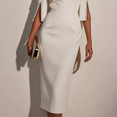 Women Solid Dress Elegant O-Neck OL Office Ladies New Beaded Design Dresses