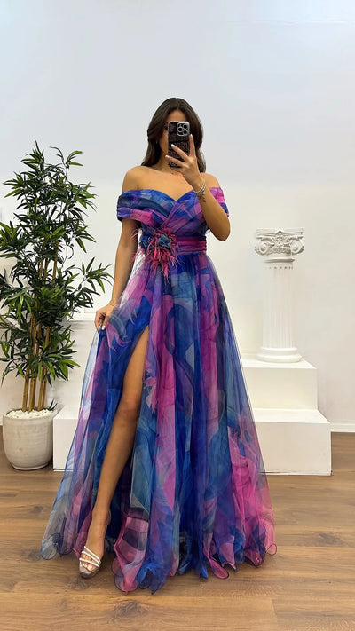 Elegant Formal Party Dress Elegant  Tie-dye Ball Gown with Mesh Bubble Sleeves Split Hem Women's Evening Dress