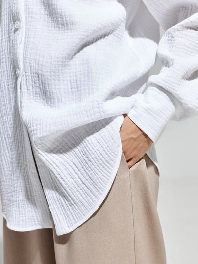 Wolfeel  Women's Spring Summer 100% Cotton Shirts Office Lady  Fashionable Solid Lady Long Sleeve Loose Tops Crepe Shirts