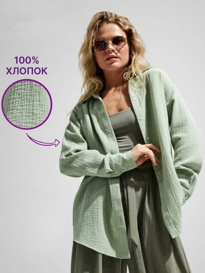 Wolfeel  Women's Spring Summer 100% Cotton Shirts Office Lady  Fashionable Solid Lady Long Sleeve Loose Tops Crepe Shirts