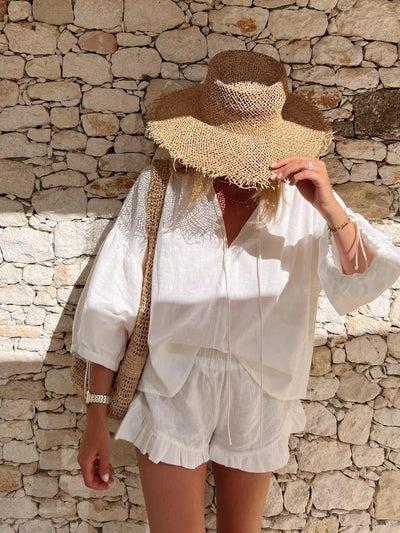 2024 Casual Beach Suits Fashion Summer Cotton Linen Loose Ruffle Shorts Suits Women Long Sleeve Drawstring Pullover 2 Pieces Set
