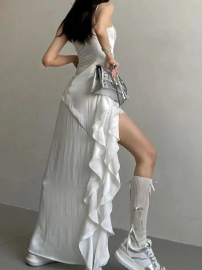 Elegant Sleeveless Ruffle High Low Dress Women Retro White Gothic Vintage  Midi Dress Evening Party French Fashion Summer New