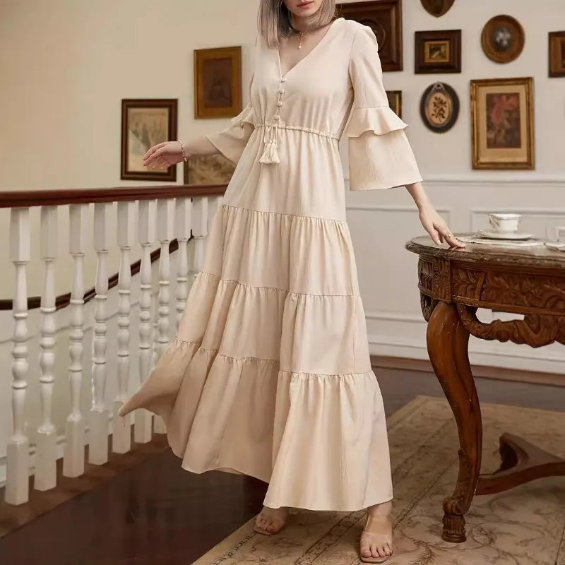 Elegant Women Corset Ruffle Dress Sexy Fashion Long Flare Sleeve V Neck High Waist Party Floor Length Dress Robe for Women