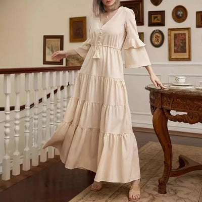 Elegant Women Corset Ruffle Dress Sexy Fashion Long Flare Sleeve V Neck High Waist Party Floor Length Dress Robe for Women