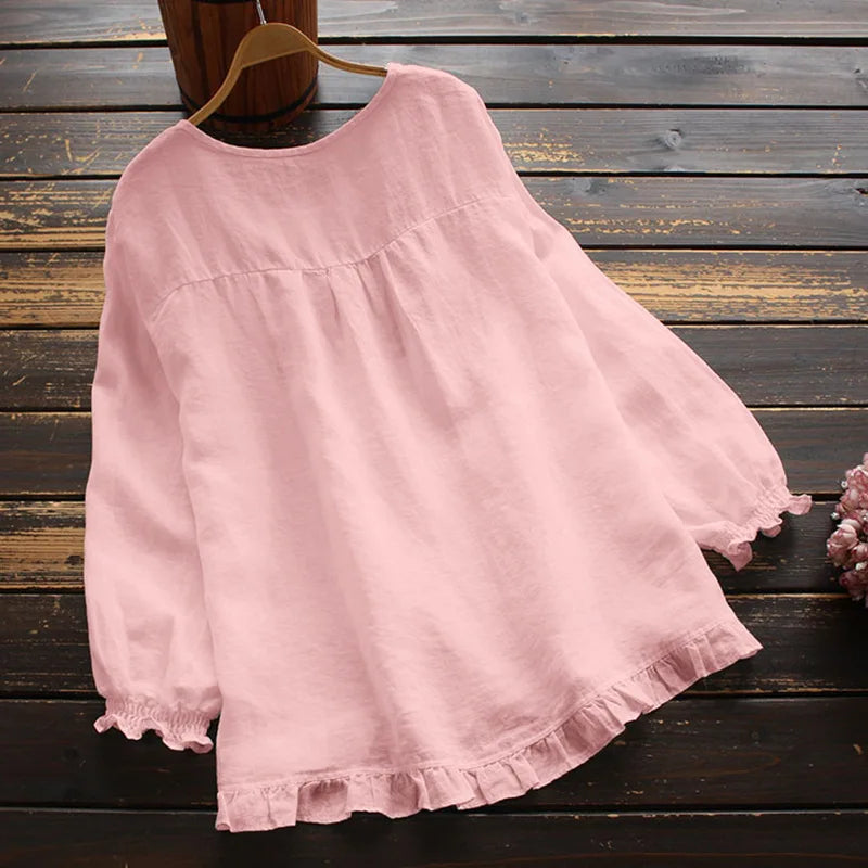 Casual Pullover Blouse For Women 2024 Autumn New Ladies Cotton And Linen Solid Color Loose Ruffle Round Neck Long Sleeved Shirt