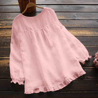 Casual Pullover Blouse For Women 2024 Autumn New Ladies Cotton And Linen Solid Color Loose Ruffle Round Neck Long Sleeved Shirt