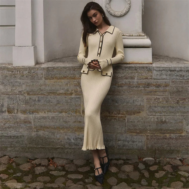 Elegant Ruffled Women Dress Long  Pit Stripe Knit Dresses For Winter Autumn Retro Lapel Pearl Button Fall Fashion Vestidos Robes
