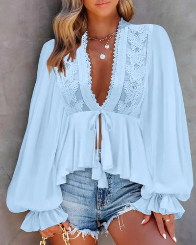 Blouses Women Fashion 2025 Spring Casual Solid Tops Sexy Plunge V-Neck Lace Patch Frill Hem Ruched Lantern Sleeve Top Lady Shirt
