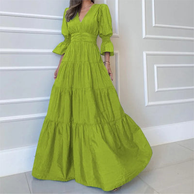 Elegant Ruffle Splicing High Waist And Large Swing Dress For Spring 2025 New Women's Fashion V-neck Long Sleeved Maxi Dress