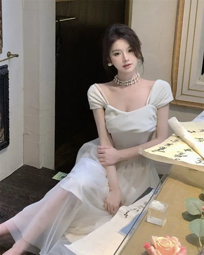 Midi Dress Women Pure Princess Summer Aesthetic Defined Elegant Ladies Gentle Spliced Chic Mesh Partywear French Style Vestidos