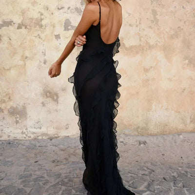 Elegant Stacked Ruffle Split Hem Long Dress Women Sexy Sleeveless Backless Chiffon V Neck Dresses 2024 New Lady Vacation Vestido