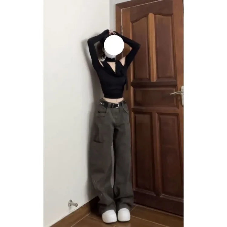 Fashion V-neck Black Halter Tops Women 2025 Summer Nw Slim Waist Tee Shirt Y2k E-Girl Long Sleeve Off Shoulder T-shirts