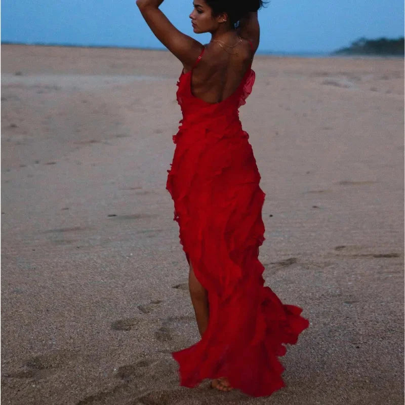Elegant Stacked Ruffle Split Hem Long Dress Women Sexy Sleeveless Backless Chiffon V Neck Dresses 2024 New Lady Vacation Vestido