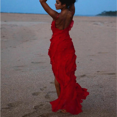 Elegant Stacked Ruffle Split Hem Long Dress Women Sexy Sleeveless Backless Chiffon V Neck Dresses 2024 New Lady Vacation Vestido
