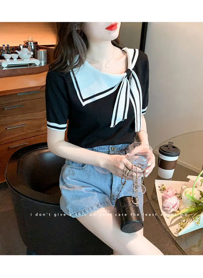 Casual Short Sleeve T-shirt for Women Loose Contrast Sweet All-match Solid Ice Silk Tops Tees Summer New Fashion Korean Clothing