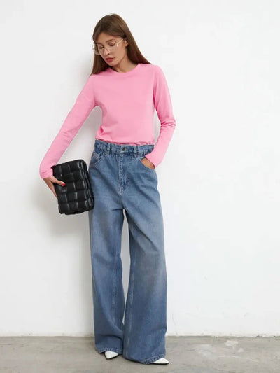 Wolfeel Women's Spring Autumn 100% Cotton T-shirt Bottoming Basic Solid Lady Long Sleeve Loose Tops Shirts Oversized T Shirt