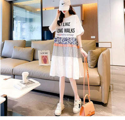 Casual Short Sleeve Letter Dresses Female Clothing Summer Loose A-Line Fashion Printed Patchwork Korean Round Neck Midi Dress