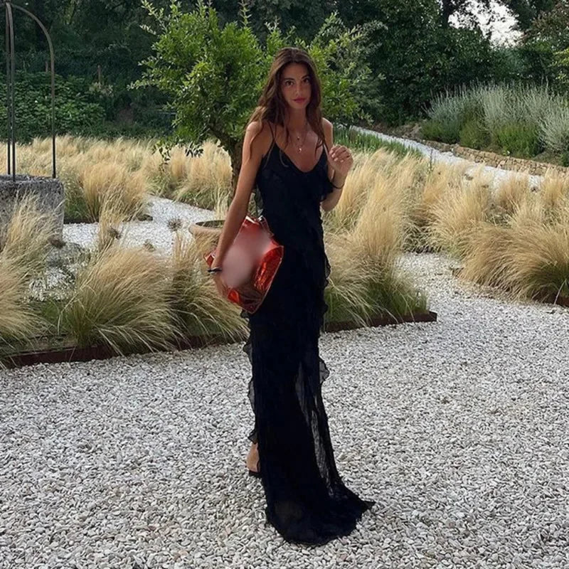 Elegant Stacked Ruffle Split Hem Long Dress Women Sexy Sleeveless Backless Chiffon V Neck Dresses 2024 New Lady Vacation Vestido