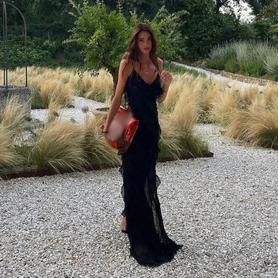Elegant Stacked Ruffle Split Hem Long Dress Women Sexy Sleeveless Backless Chiffon V Neck Dresses 2024 New Lady Vacation Vestido