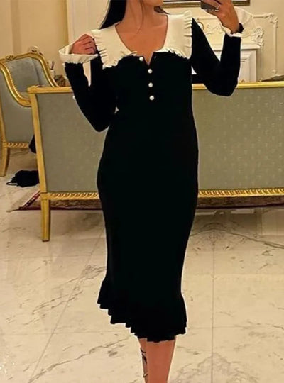 Elegant Party Dresses Woman Mid Length Ruffle Edge Dress with Contrasting Colors Knitted Dress 2024 Autumn Ladies French Dress