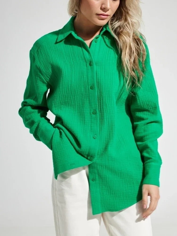 Wolfeel  Women's Spring Summer 100% Cotton Shirts Office Lady  Fashionable Solid Lady Long Sleeve Loose Tops Crepe Shirts