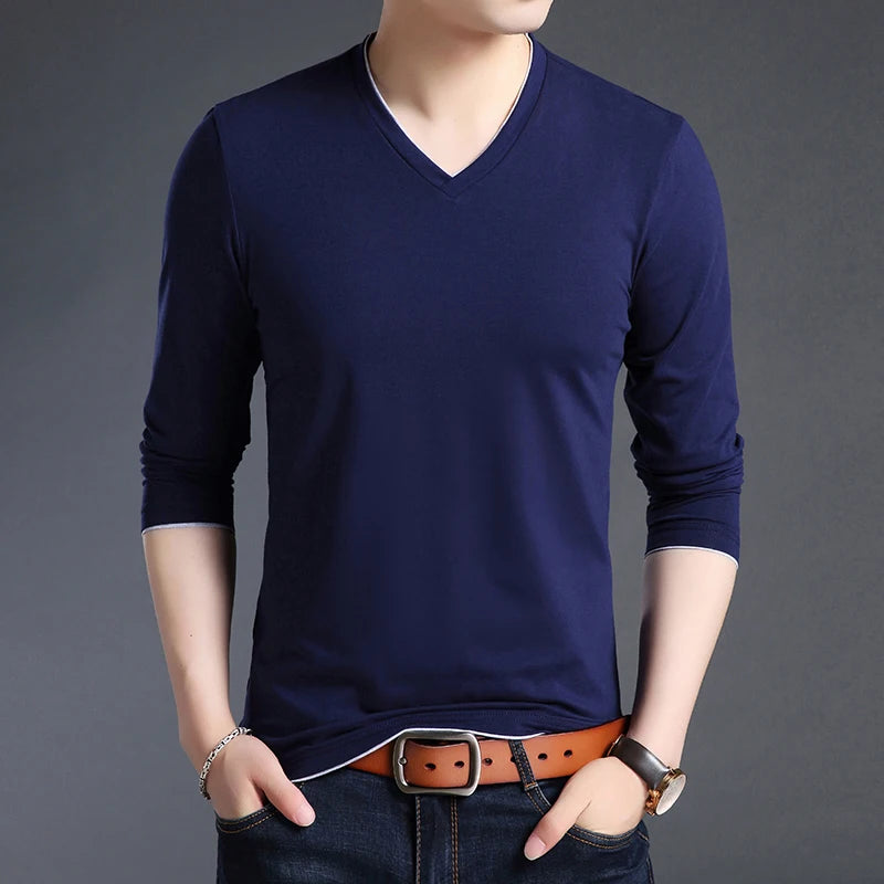 2025 New Fashion Brand T Shirts Men V Neck Street Wear Tops Trending Mercerized Cotton Korean Long Sleeve Tee Men Clothing