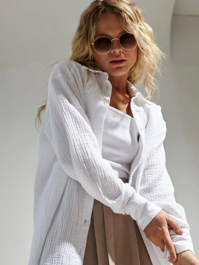 Wolfeel  Women's Spring Summer 100% Cotton Shirts Office Lady  Fashionable Solid Lady Long Sleeve Loose Tops Crepe Shirts