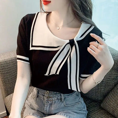 Casual Short Sleeve T-shirt for Women Loose Contrast Sweet All-match Solid Ice Silk Tops Tees Summer New Fashion Korean Clothing