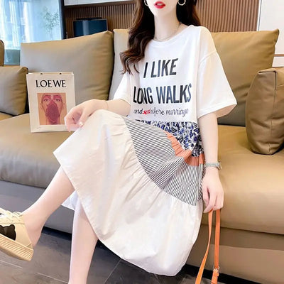 Casual Short Sleeve Letter Dresses Female Clothing Summer Loose A-Line Fashion Printed Patchwork Korean Round Neck Midi Dress