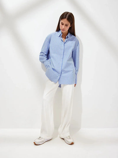 Wolfeel Loose Striped Shirts 2025 Autumn Chic 100% Cotton Blouse Female Tops Casual Lapel Oversized Lace Up Women Shirts