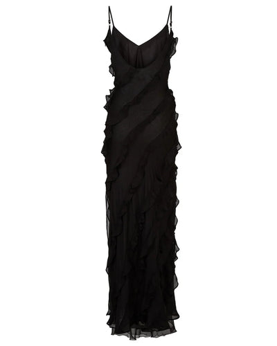Elegant Stacked Ruffle Split Hem Long Dress Women Sexy Sleeveless Backless Chiffon V Neck Dresses 2024 New Lady Vacation Vestido