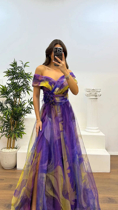 Elegant Formal Party Dress Elegant  Tie-dye Ball Gown with Mesh Bubble Sleeves Split Hem Women's Evening Dress