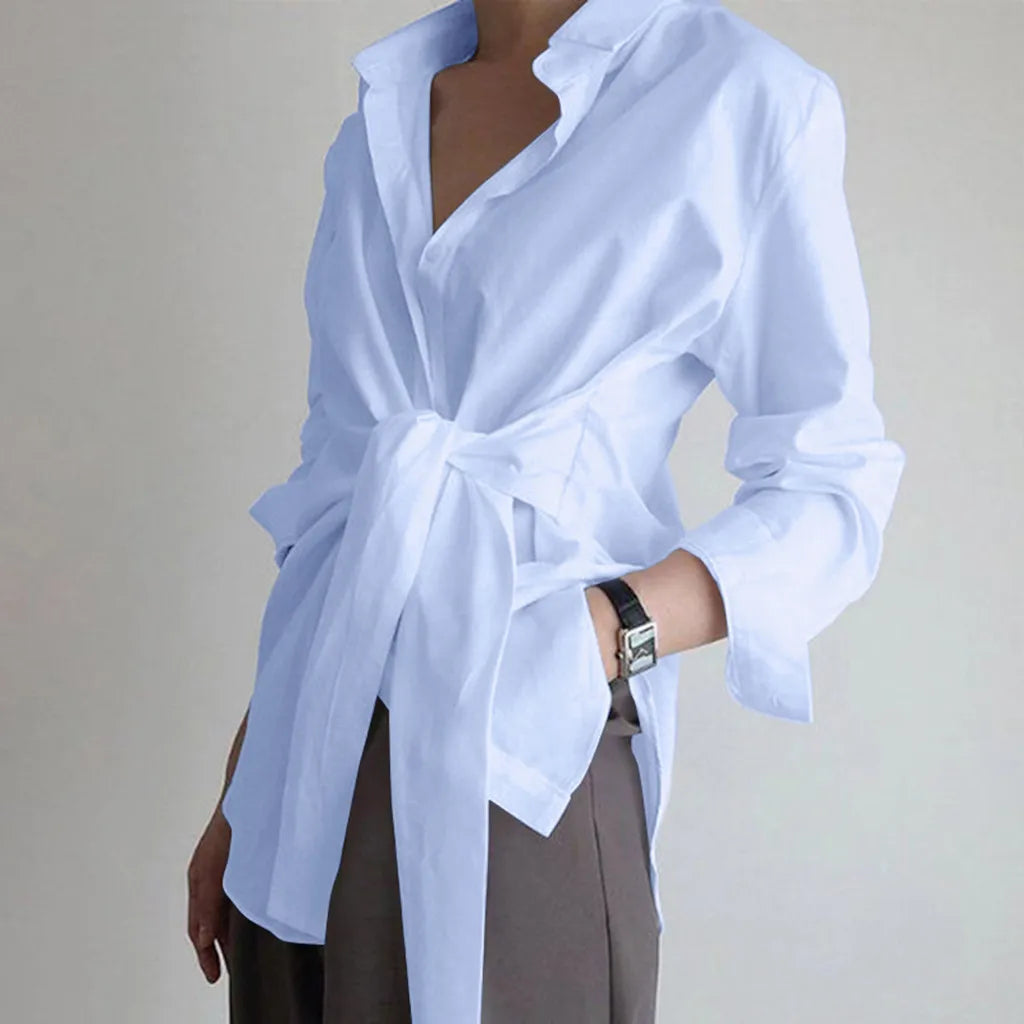 Blouses Women Tops Shirts Turn Down Collar Spring Y2k Streetwear Slim Fit Casual Lace Up Work High Waist Shirt Top Elegant White
