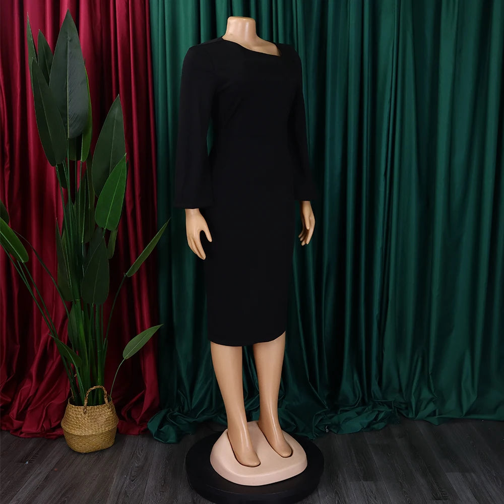 Elegant Office Dress for Women Professional Skew Collar Full Sleeve Sheath Package Hips Mid Calf Formal Business Work Wear Dress