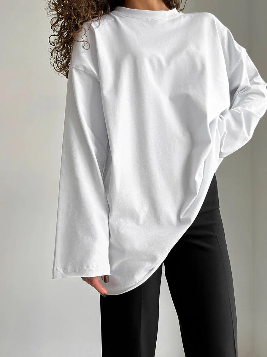 Wolfeel Women Summer 100% Cotton T-shirt Bottoming Spring Basic Fashionable Solid Lady Long Sleeve Loose Tops Shirts