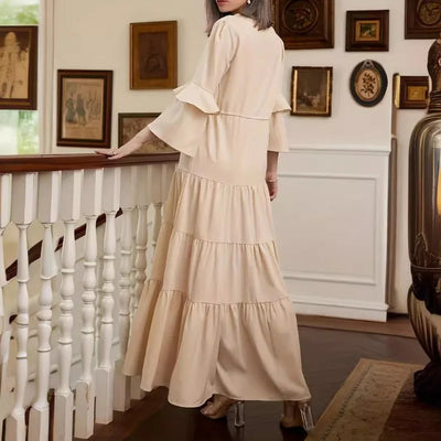 Elegant Women Corset Ruffle Dress Sexy Fashion Long Flare Sleeve V Neck High Waist Party Floor Length Dress Robe for Women