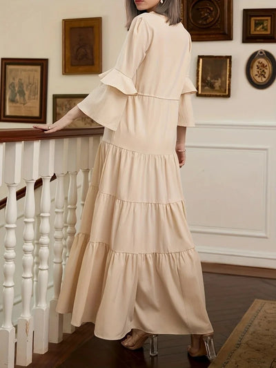 Elegant Women Corset Ruffle Dress Sexy Fashion Long Flare Sleeve V Neck High Waist Party Floor Length Dress Robe for Women