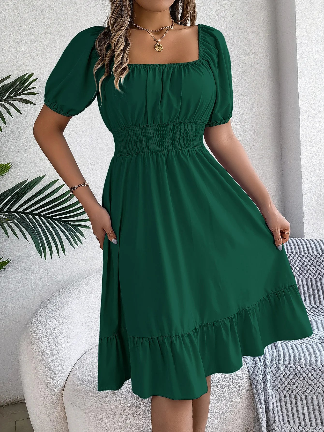 Women's MIidi Dresses 2024 Summer Casual Square Neck Short Sleeved Waist Ruffle Edge Dress Dress Women Elegant Платья Женские