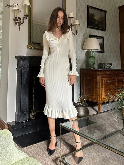 Elegant Ruffled Women Dress Long  Pit Stripe Knit Dresses For Winter Autumn Retro Lapel Pearl Button Fall Fashion Vestidos Robes