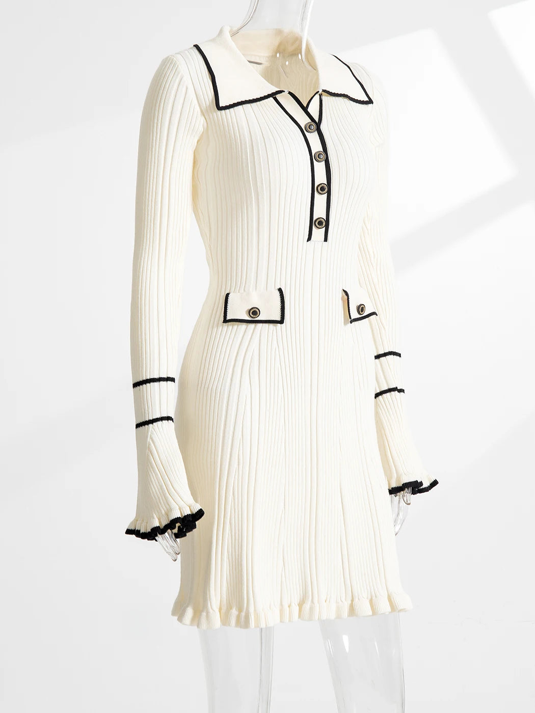 Elegant Ruffled Women Dress Long  Pit Stripe Knit Dresses For Winter Autumn Retro Lapel Pearl Button Fall Fashion Vestidos Robes