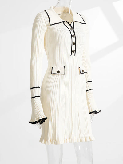 Elegant Ruffled Women Dress Long  Pit Stripe Knit Dresses For Winter Autumn Retro Lapel Pearl Button Fall Fashion Vestidos Robes