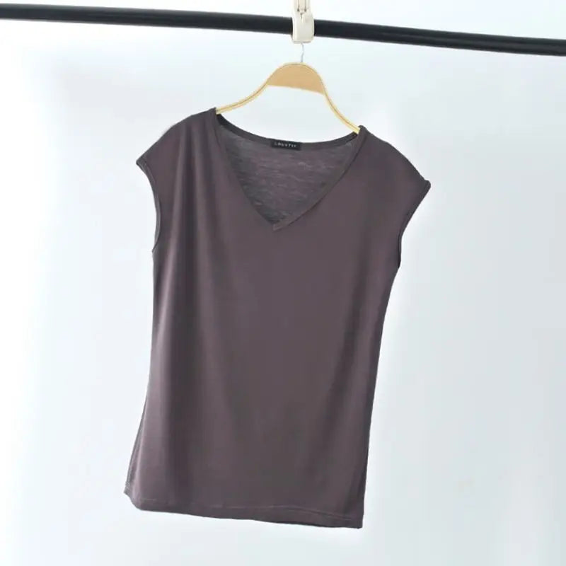 Fashion V-Neck Solid Color All-match T-Shirt Female Clothing 2025 Summer New Loose Casual Pullovers Sleeveless Commute Tee Shirt