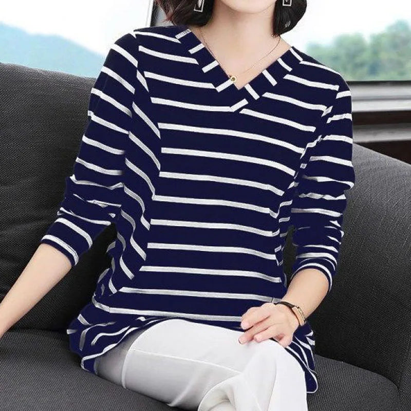 Women's V-Neck Casual All-match Midi Striped Tops Fashion Elegant Long Sleeve Pullovers T-shirt Female Clothing Spring Autumn