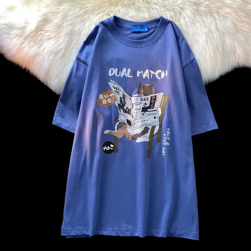 Cotton summer Japanese retro cartoon cat short sleeved t-shirt men loose Korean version lazy style half sleeved shirt harajuku